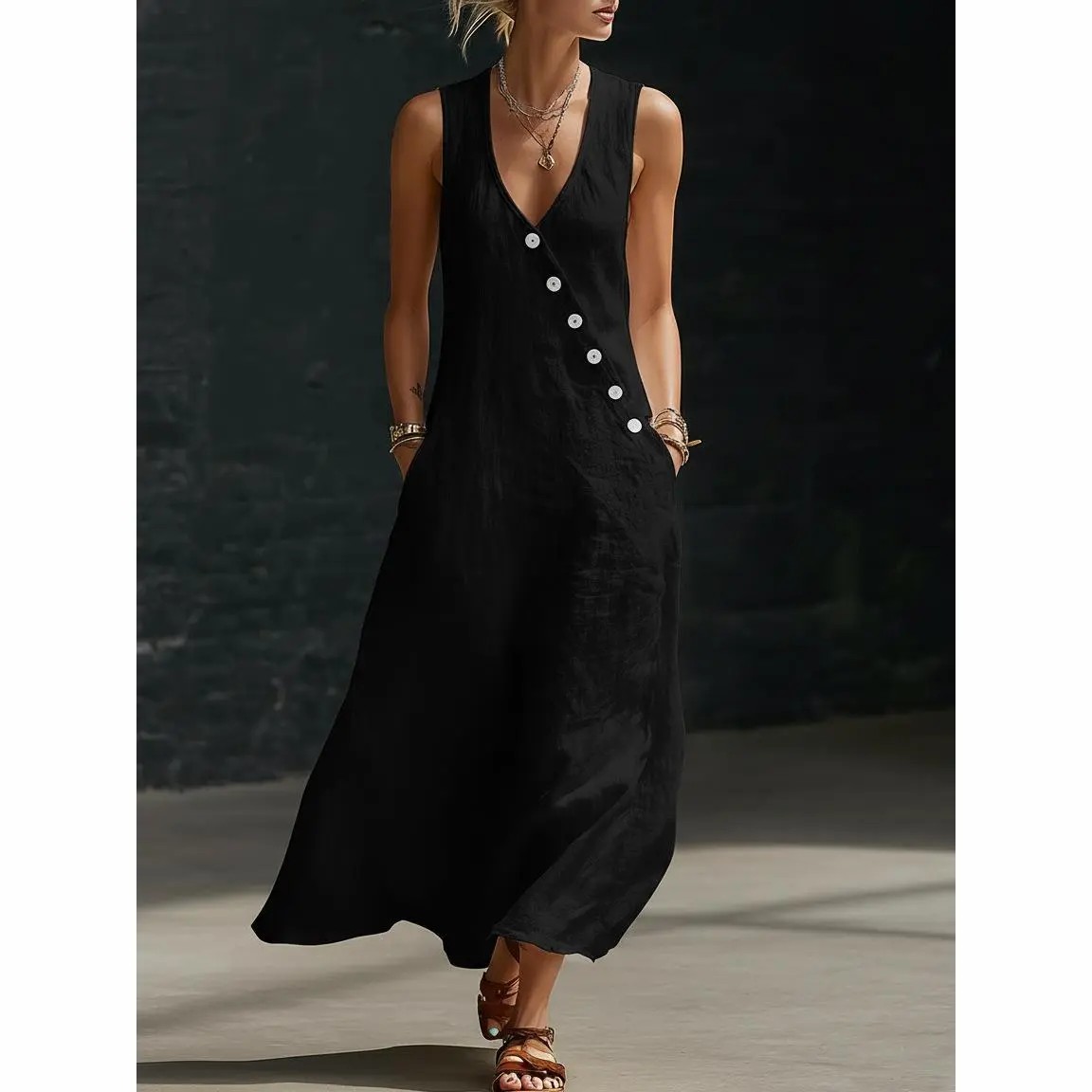 🔥Easter Sale!!Women’s Sleeveless Linen Maxi Dress – V-Neck Button Detail with Pockets