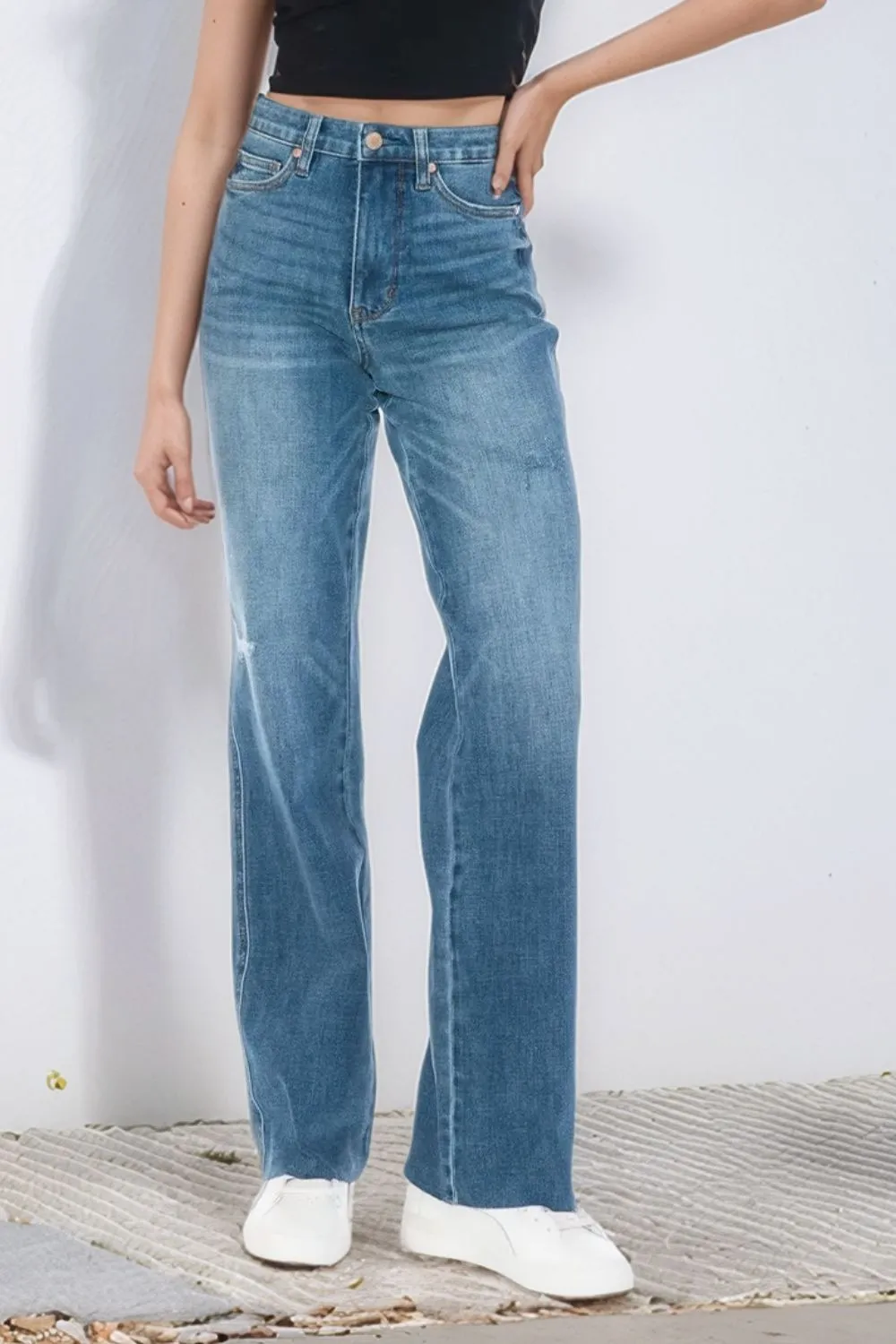 Blue Full Size Tummy Control Cut Raw Hem Straight Jeans