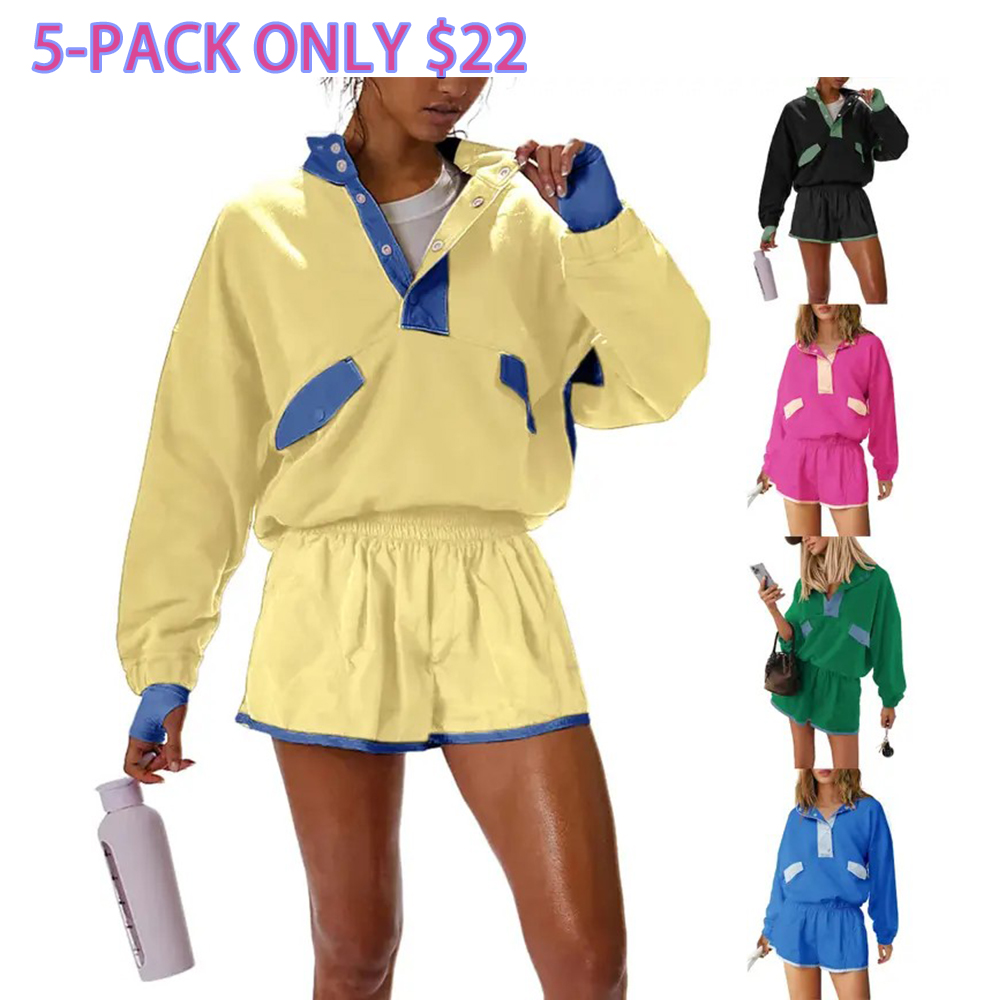 Tanming Women's Two Piece Short Sets SummerLounge Sweatsuits Long Sleeve Outfits TravelTracksuit with Pocket Summer 2 Piece MatchingSets Women Clothes Casual Yellow ComfortFitted Vneck Rodeo Outfits Womenswear