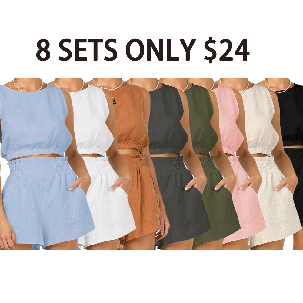 FISOEW Women's 2pcs Summer OutfitsSleeveless Crop Tank Top and High WaistPocketed Shorts Loose 2 Piece Short SetsClothes Suit 2 piece sets women CasualWomenswear Shirts Vest Cropped Breathable