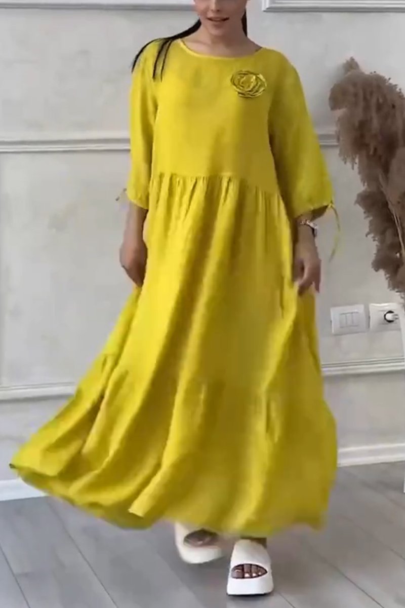 Women's Casual Cotton and Linen Gathered Floral Dress