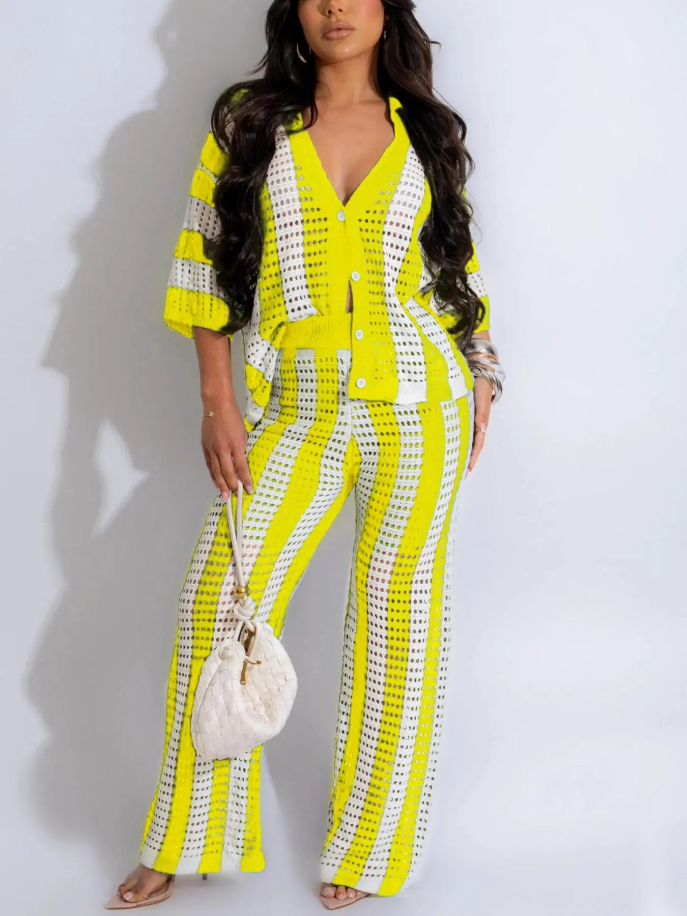 Two-Piece Set Women's Colorblock Striped Print Hollow Out Button Front Top & Wide Leg Pants