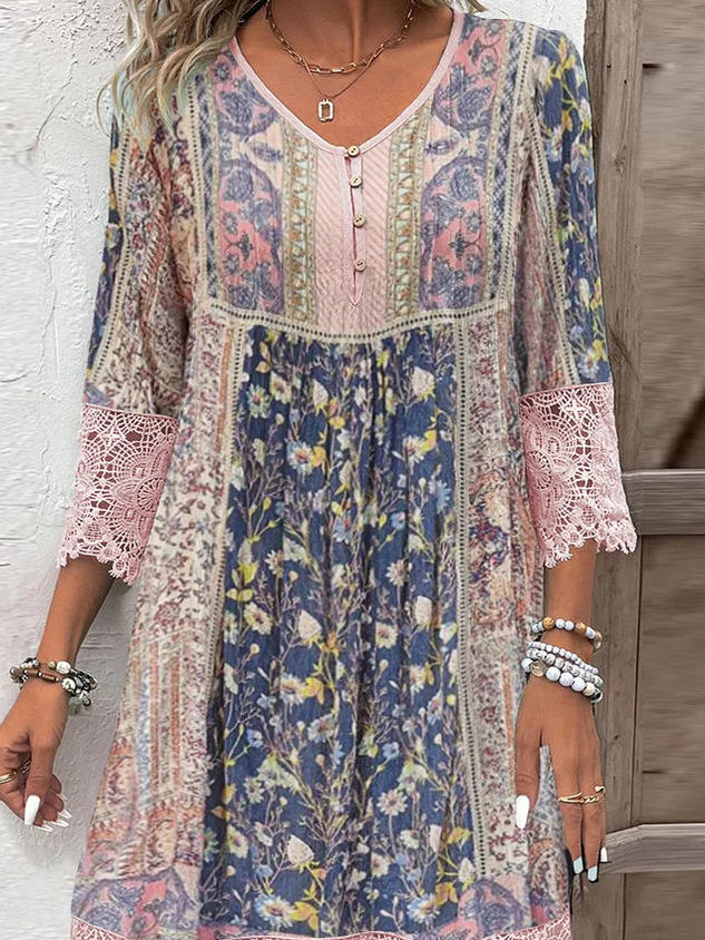 Women's Three Quarter Sleeve Spring/Fall Pink Floral Split Joint V Neck Daily Going Out Vintage Maxi A-Line T-Shirt Dress Dress