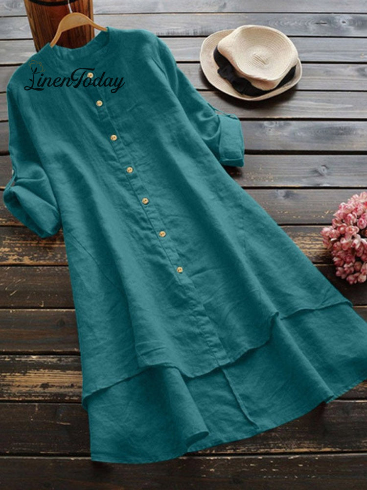 Women's Solid Color Loose Elegant Casual Cotton And Linen Shirt Dress