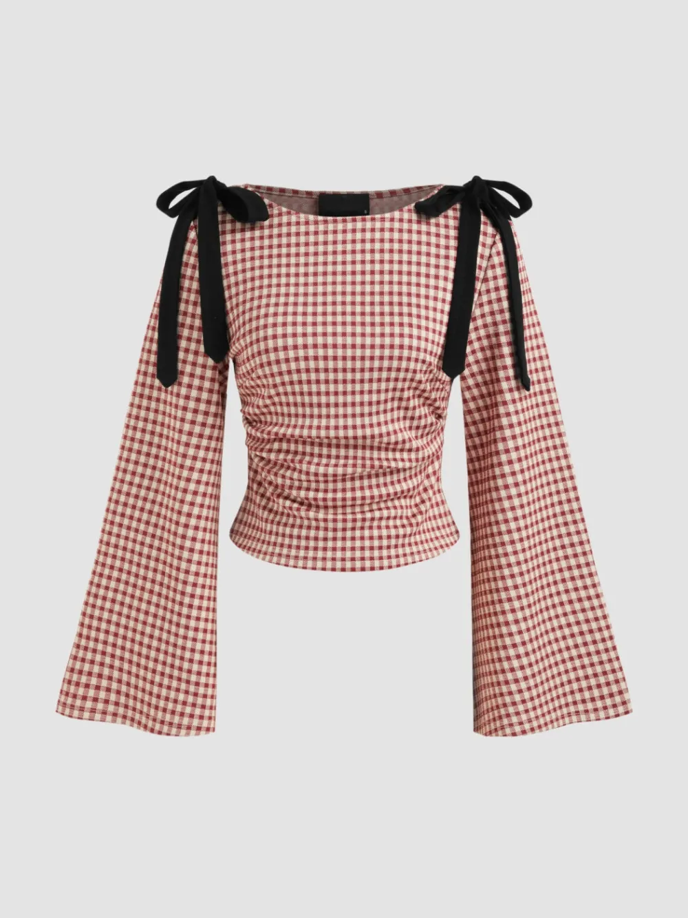 Boat Neck Gingham Bowknot Ruched Long Sleeve Top