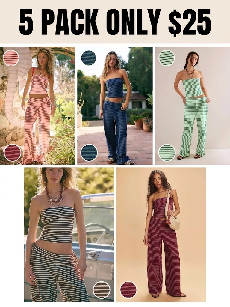 Women's Striped Print Crop Tube Top & Wide Leg Pants Set