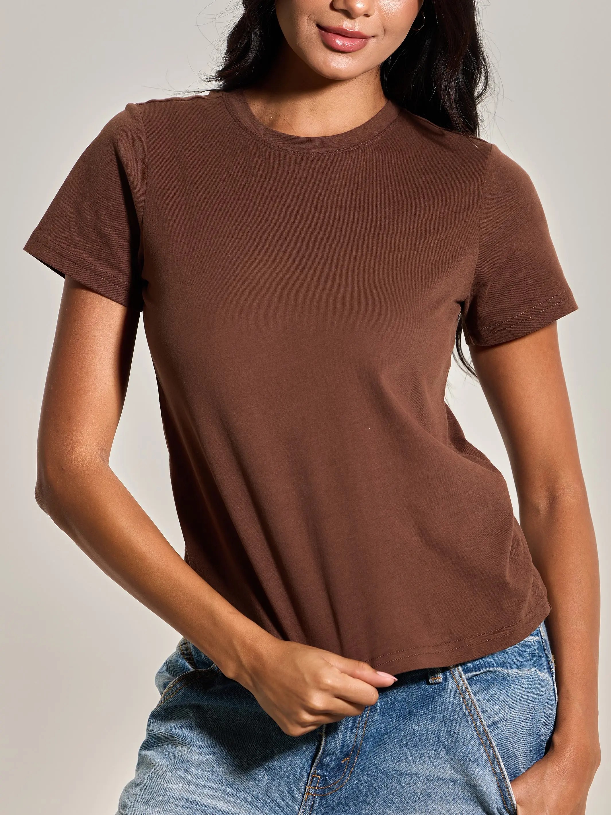 Network Cotton Tee Full Length Women's Tshirt with Crew Neckline Short Sleeves