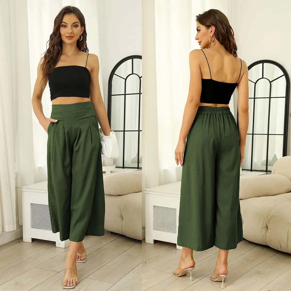 【Stock Up Deals】Women's Cotton Linen Culottes Pants Elastic Waist Wide Leg Palazzo Trousers Capri Pants with Pockets