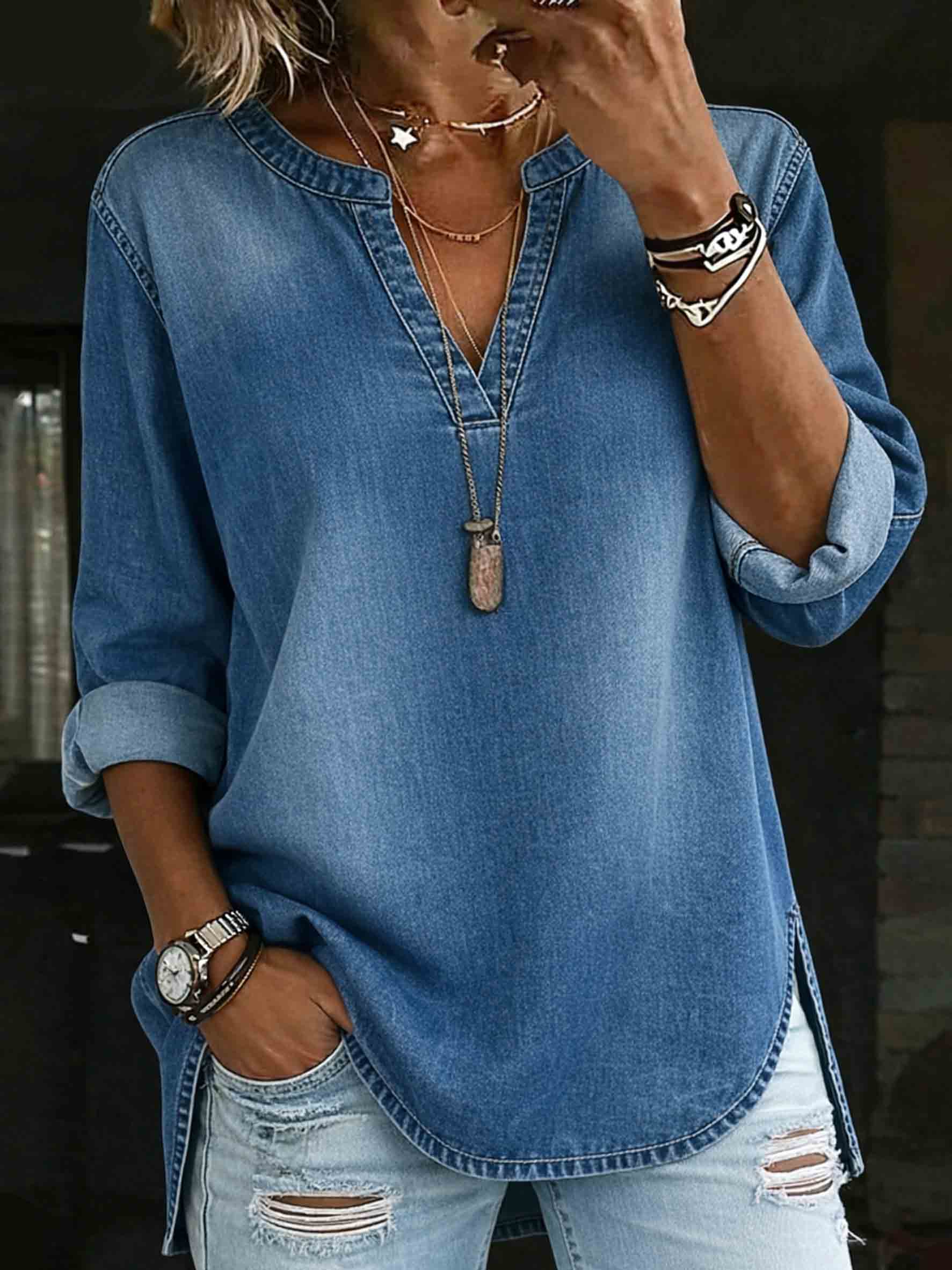 Women's Denim V-neck Henley Long-sleeved Shirt