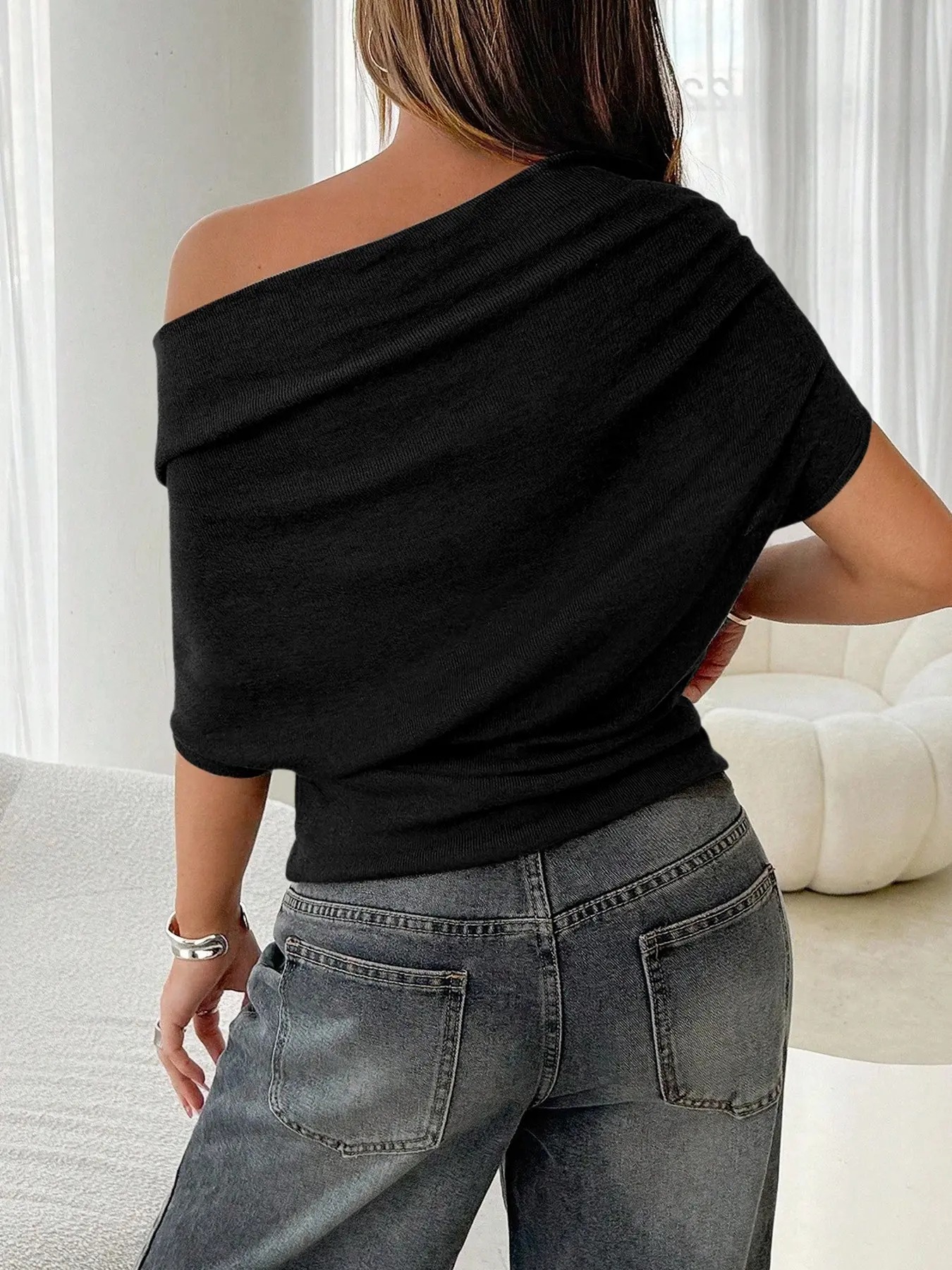 Women's Plain Asymmetrical Shoulder Batwing Sleeve Knit T-Shirt🌙