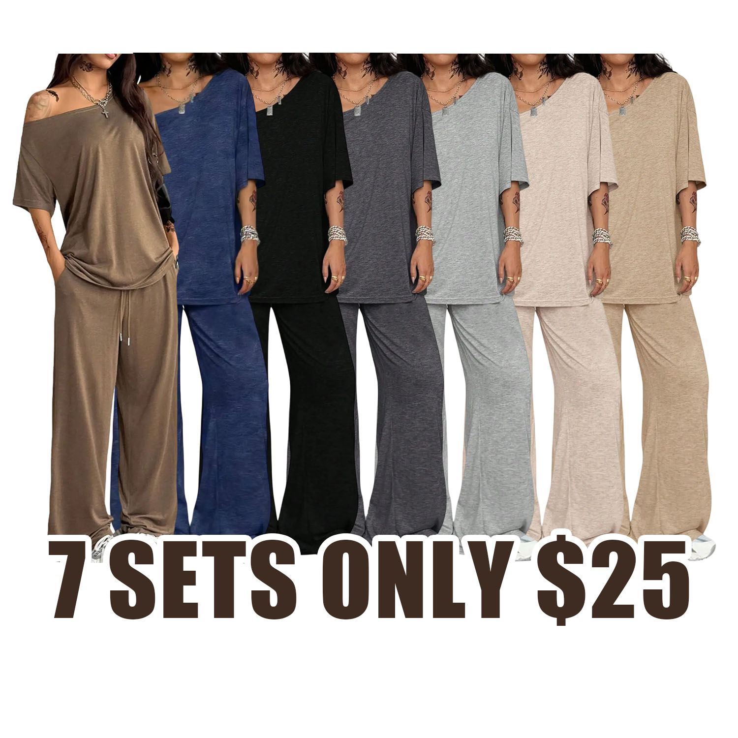 Women's Casual Solid Color Sport Two-Piece Set, Loose Long Pants & Wide Leg Slant Neck Pant Suit, Spring & Fall Fashion