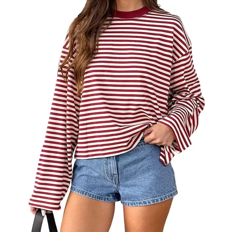 Women Long Sleeve Crew Neck Loose Striped T Shirt