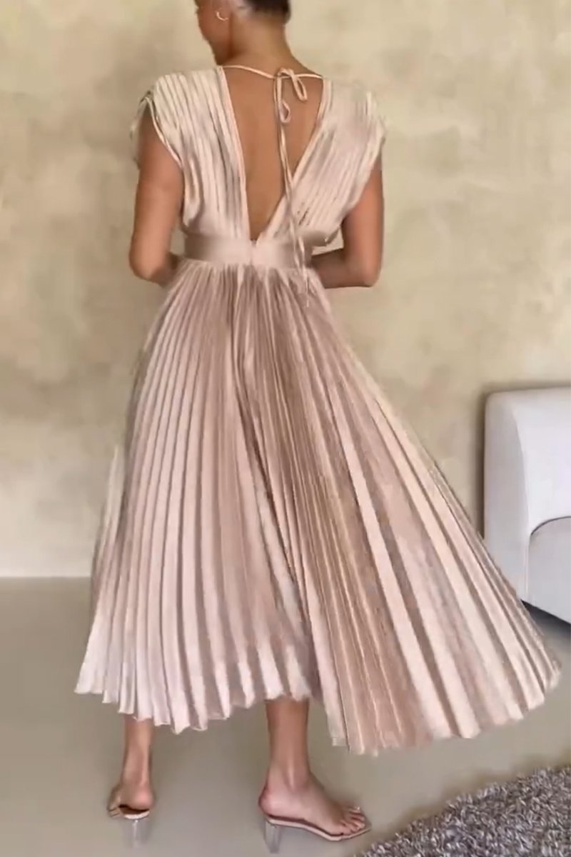Women's Elegant V-Neck Pleated Dress