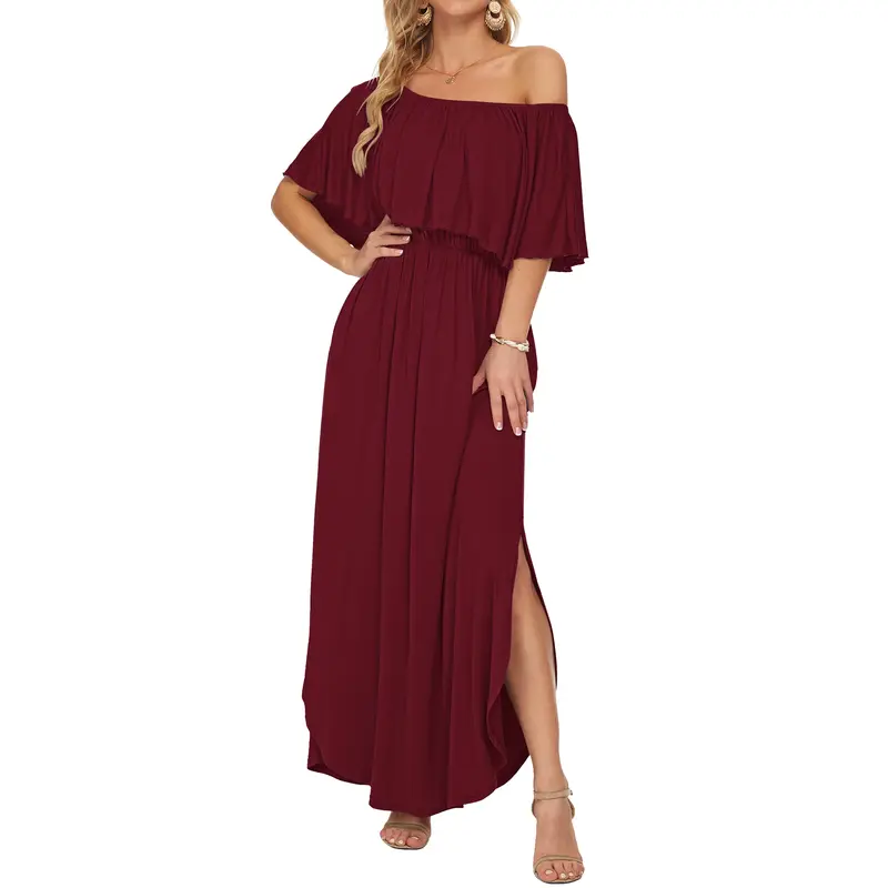 Women's Off The Shoulder Dress Wedding Guest Dress Summer Casual Long Ruffle Party Side Split Beach Maxi Dresses with Pockets