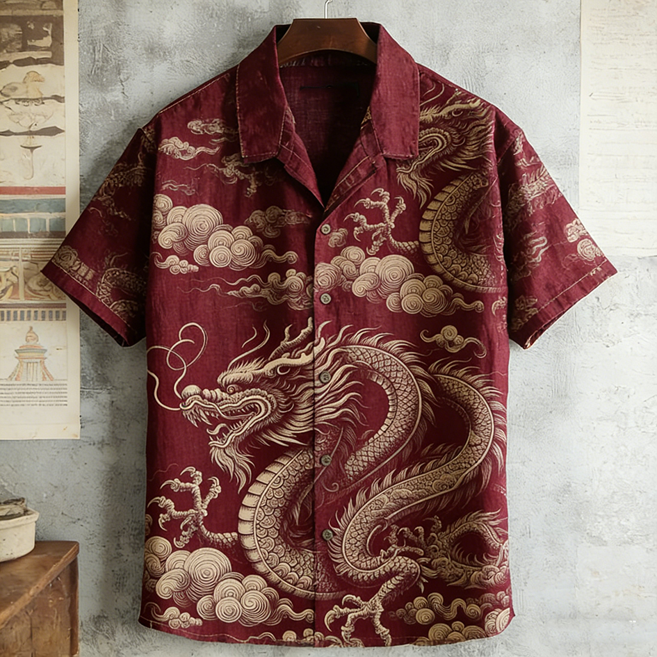 Japanese Art Retro Dragon Pattern Men's Short Sleeve Shirt
