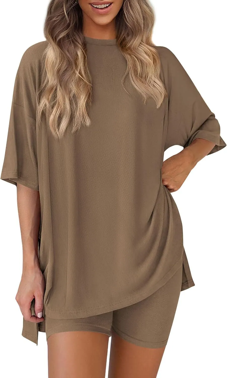 🔥Special Sale❤️Women's Two Piece Lounge Set 2026 Summer Casual Oversized Shirts  Biker Shorts Matching Airport Travel Outfit