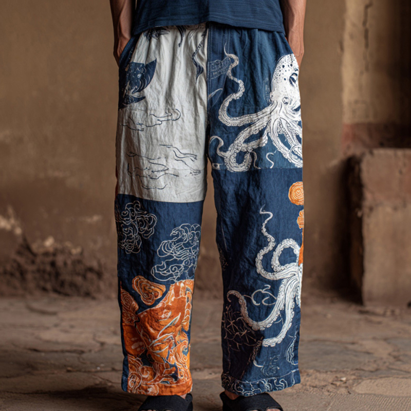Men's Retro Japanese Art Ocean Octopus Print Casual Pants