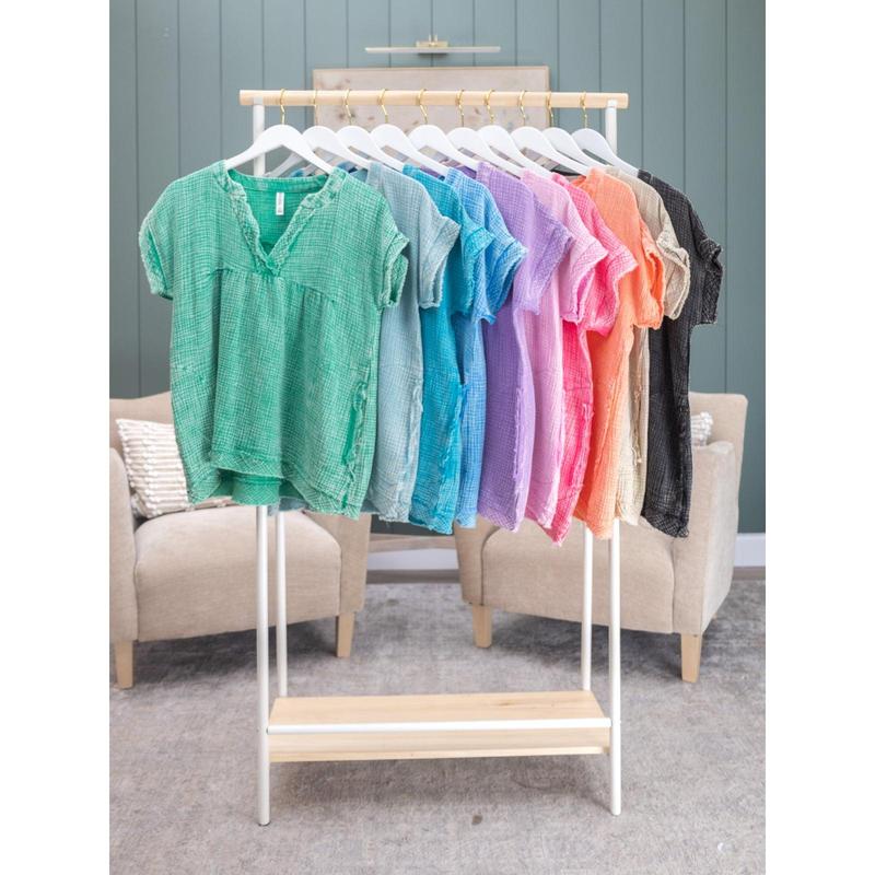 Women's Washed Double Gauze Short Sleeve Top with Raw Edge Detail