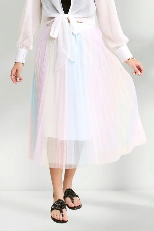 Unicorn Pleated Mesh Flare Midi Skirt