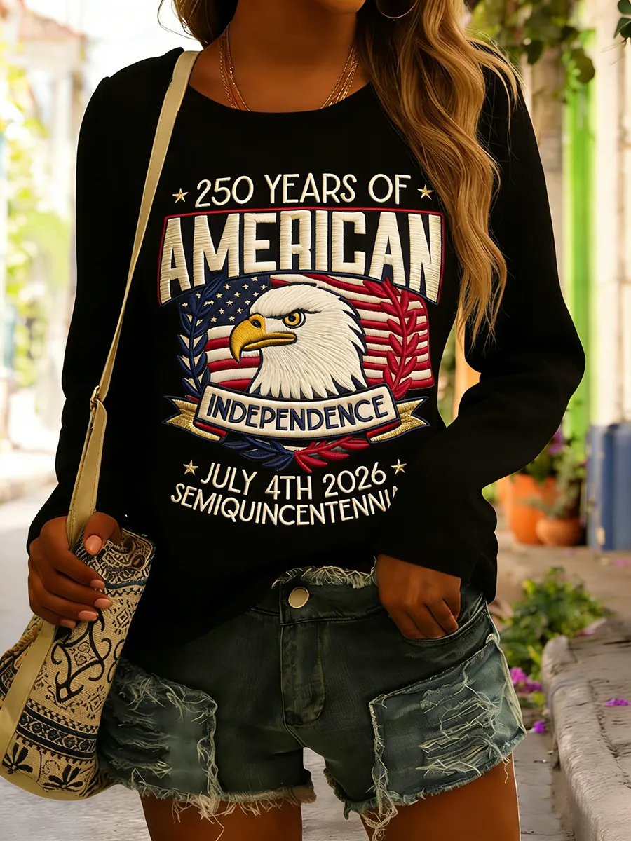 250 Years Of American Independence Eagle Embroidered Long Sleeve T-Shirt