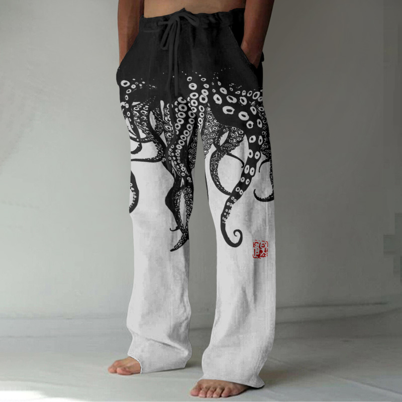 Vintage Japanese Art Octopus Legs Print Casual Linen Blend Pants