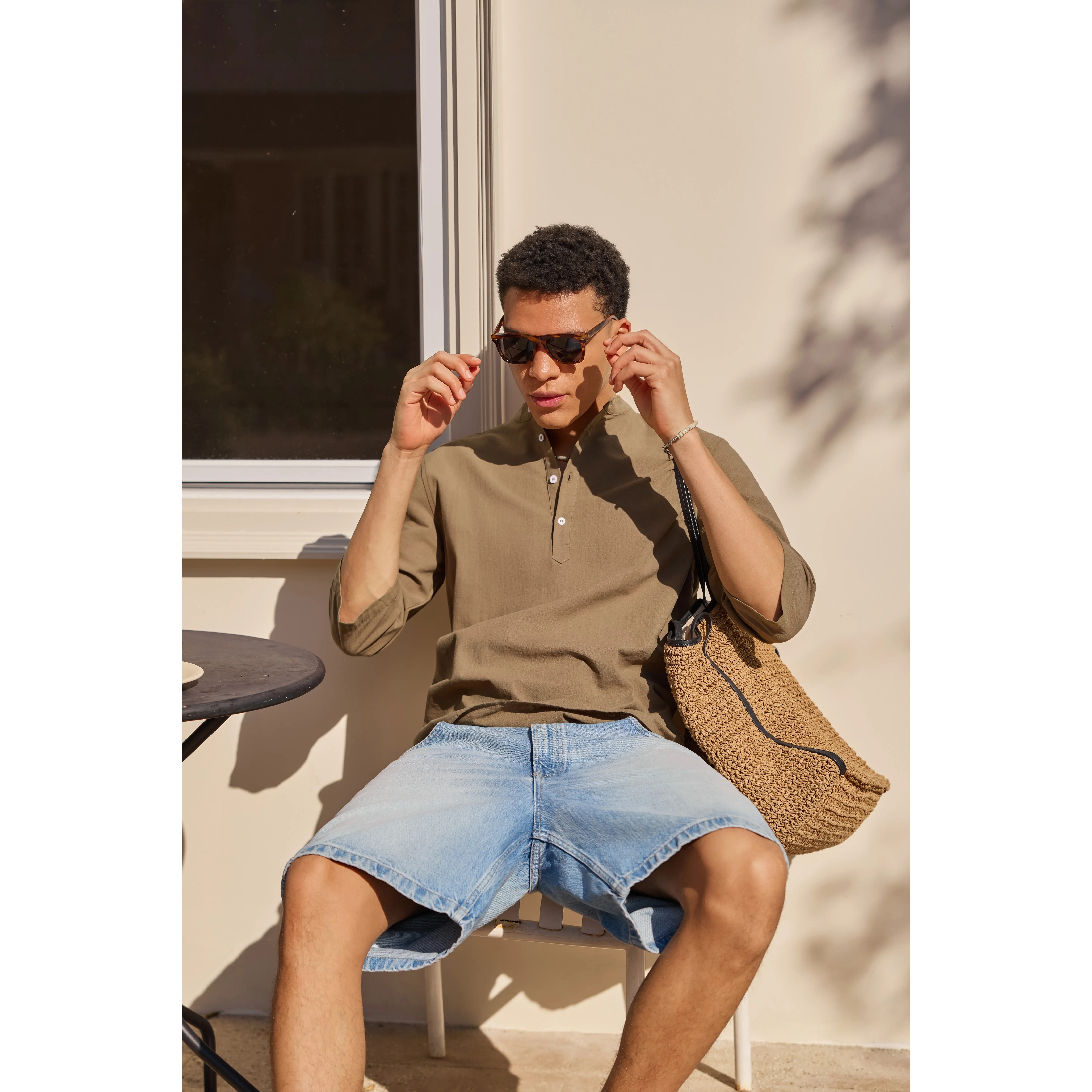 Men's Linen Cotton 3/4 Sleeve Henley T-Shirt