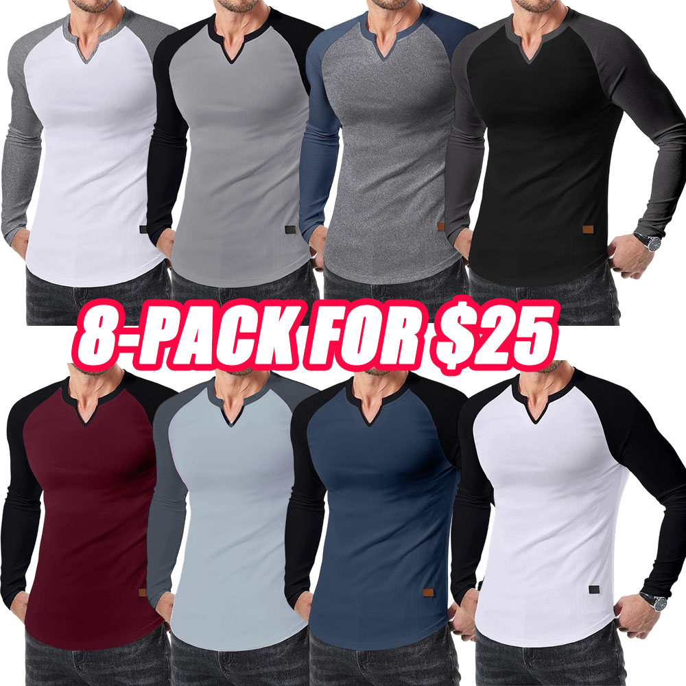 Mens Long Sleeve Muscle T Shirts Casual V-Neck Longline Ribbed Tee Shirts