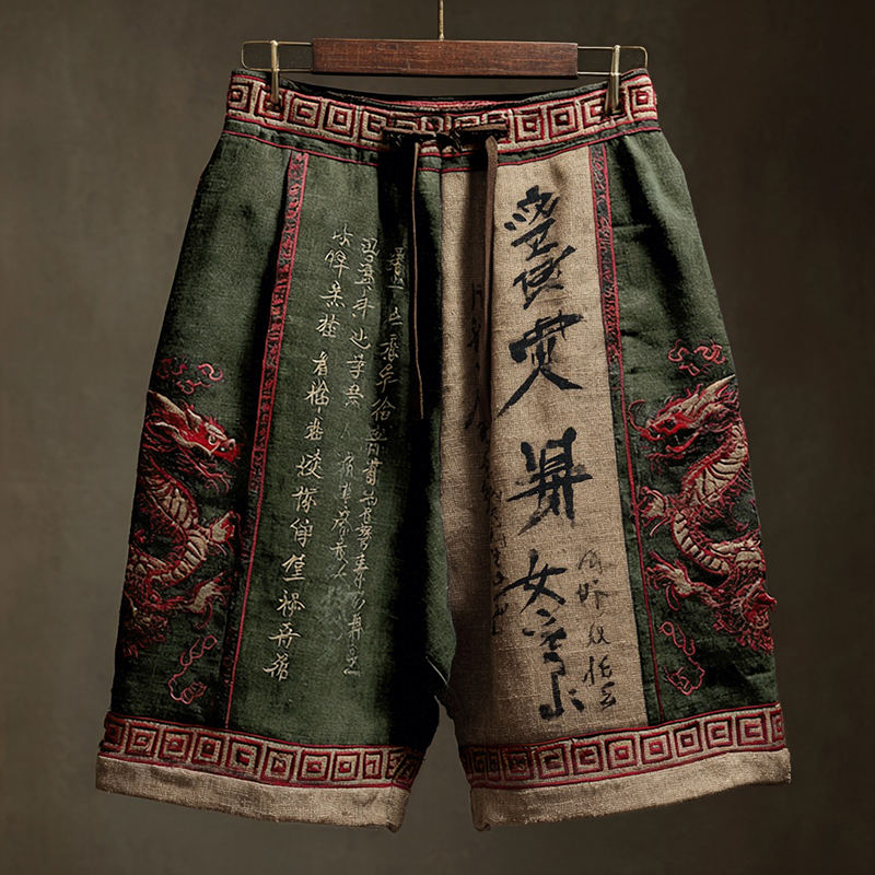 Men's Japanese Calligraphy And Dragon Art Linen Shorts