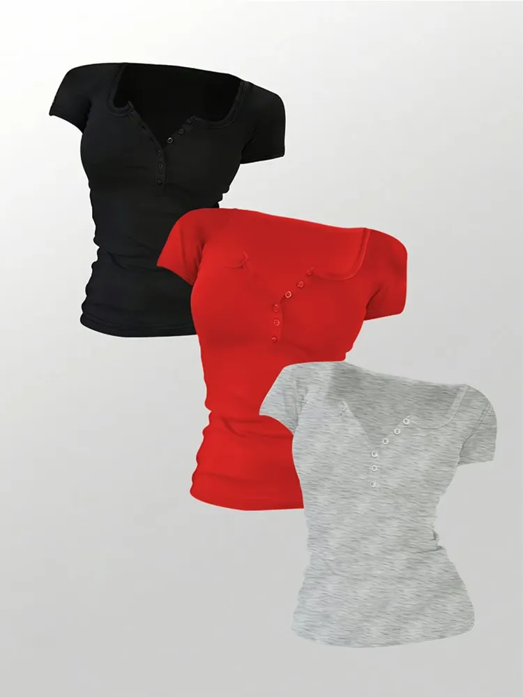 Women's Solid Button Round Neck Tee