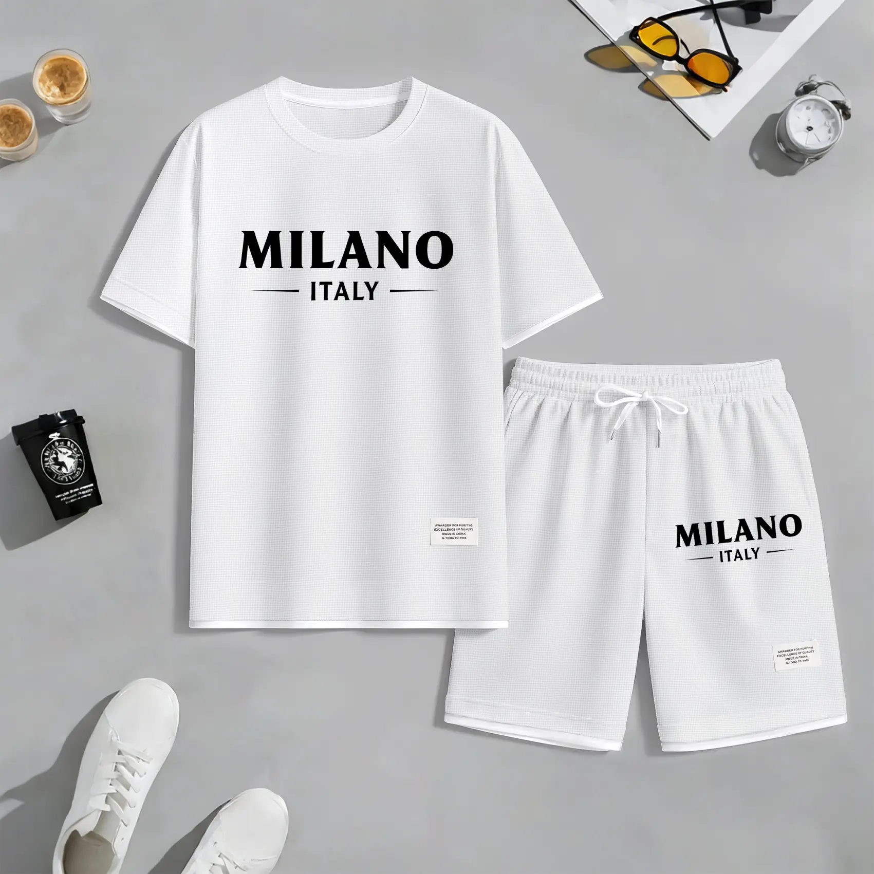 Men's Polo Print Drawstring Shorts Set For Spring/Summer