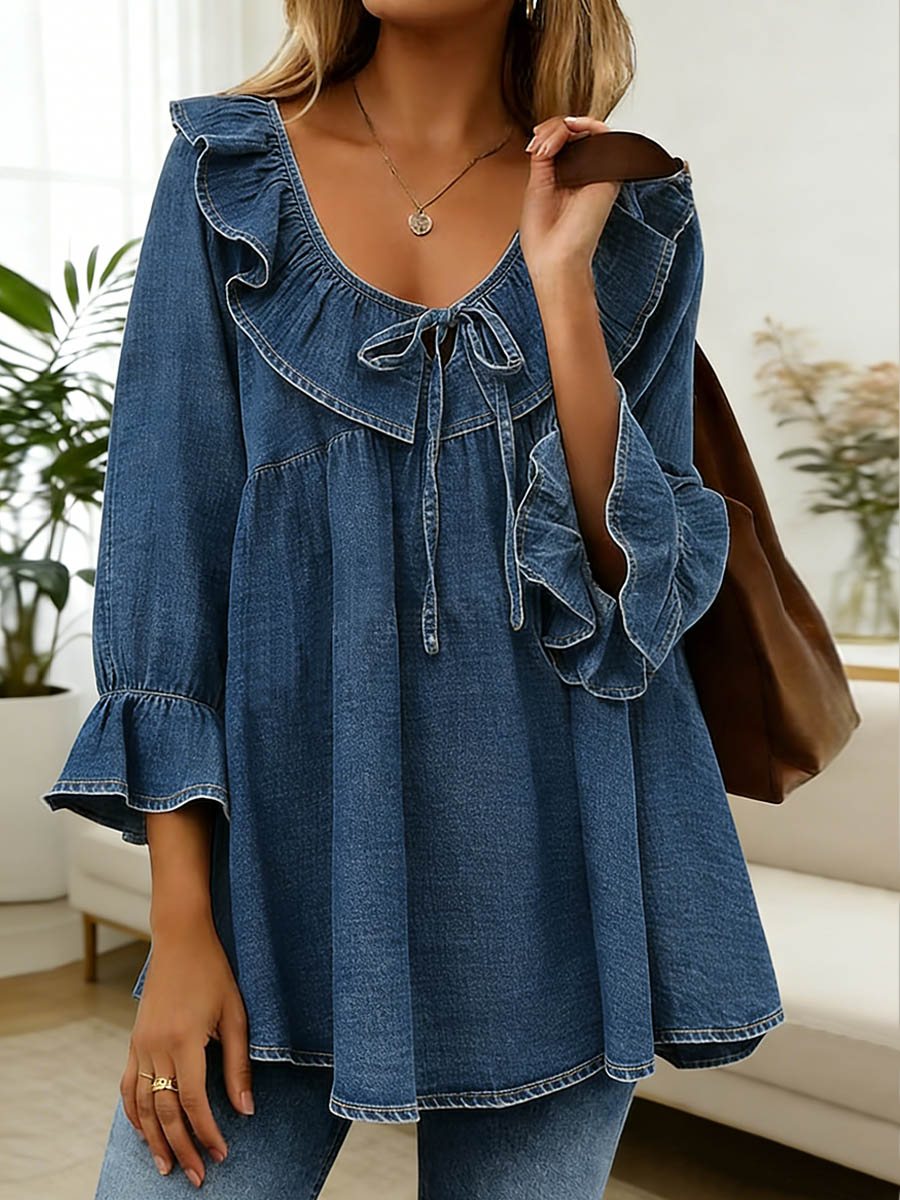 Women's Ruffled V-neck 3/4sleeved Loose-fitting Denim Top
