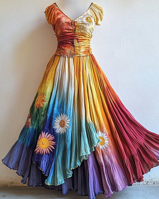 Summer Rainbow Gradient Daisy Embroidered Dress ee70