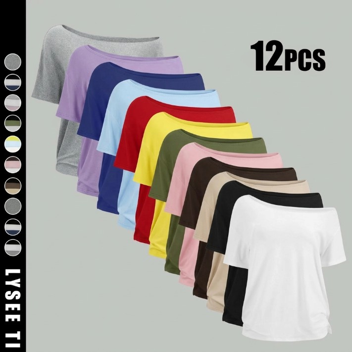 🔥Women's Solid Color Tee – Casual Basic Short Sleeve Top, Wear Off-Shoulder or One-Shoulder