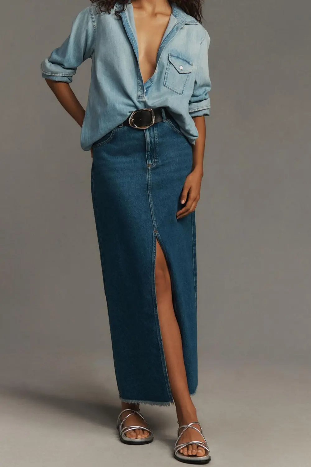 Denim Front-Slit Maxi Skirt
