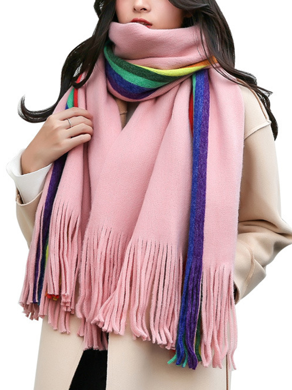 Contrast Color Keep Warm Multi-Colored Tasseled Scarf