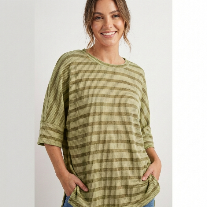 Women's Ribbed Striped 3/4 Sleeve Top – Easy Fit Everyday Essential