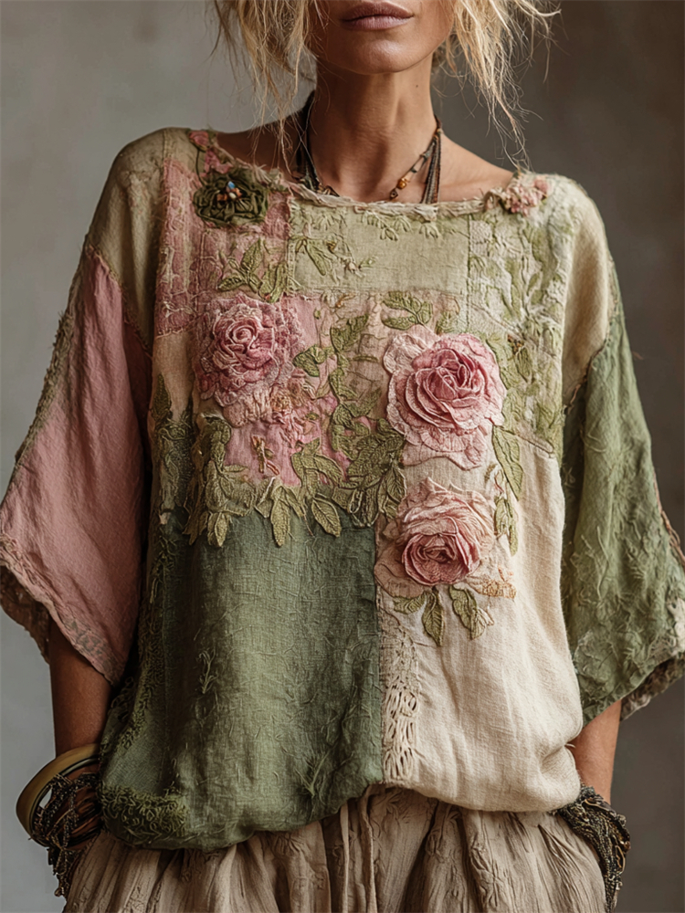 Vintage Pink Roses Embroidered Patchwork Linen Shirt