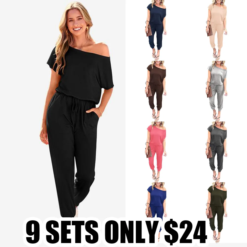 Limited-Time Clearance! 🛍️Women's Plus Size Off-Shoulder Jumpsuit – Summer Casual Romper with Elastic Waist, Fake Drawstring & Pockets