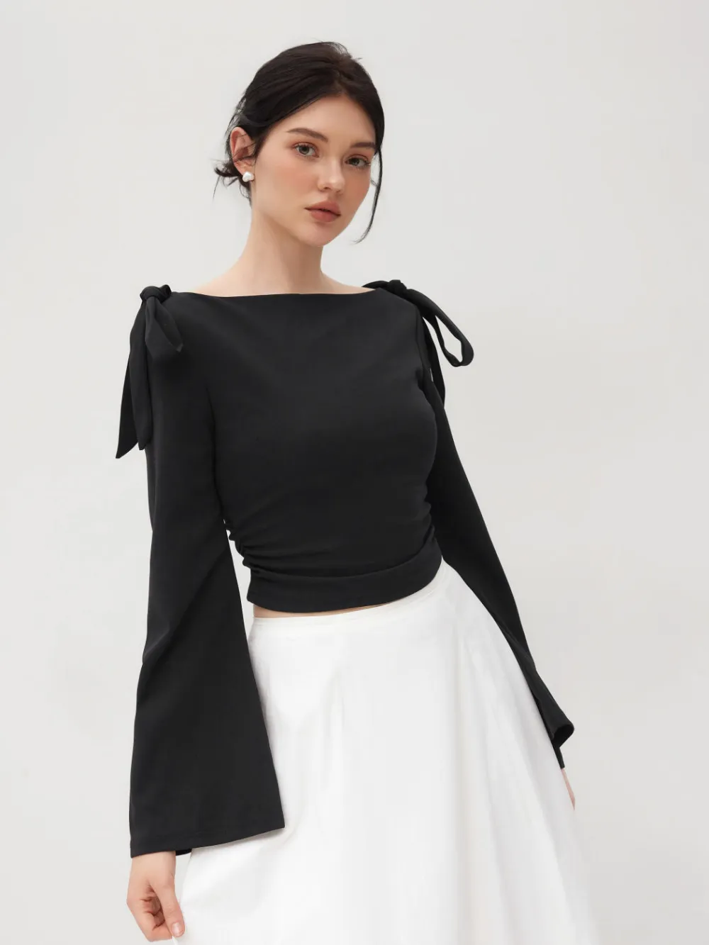 Boat Neck Gingham Bowknot Ruched Long Sleeve Top