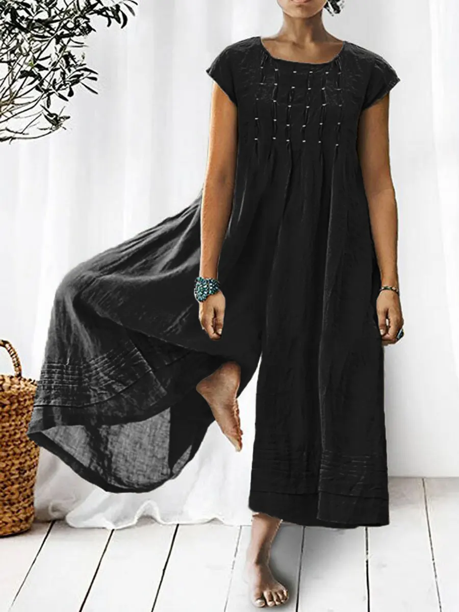 Women's Solid Color Art Casual Short Sleeve Cotton Linen Jumpsuit