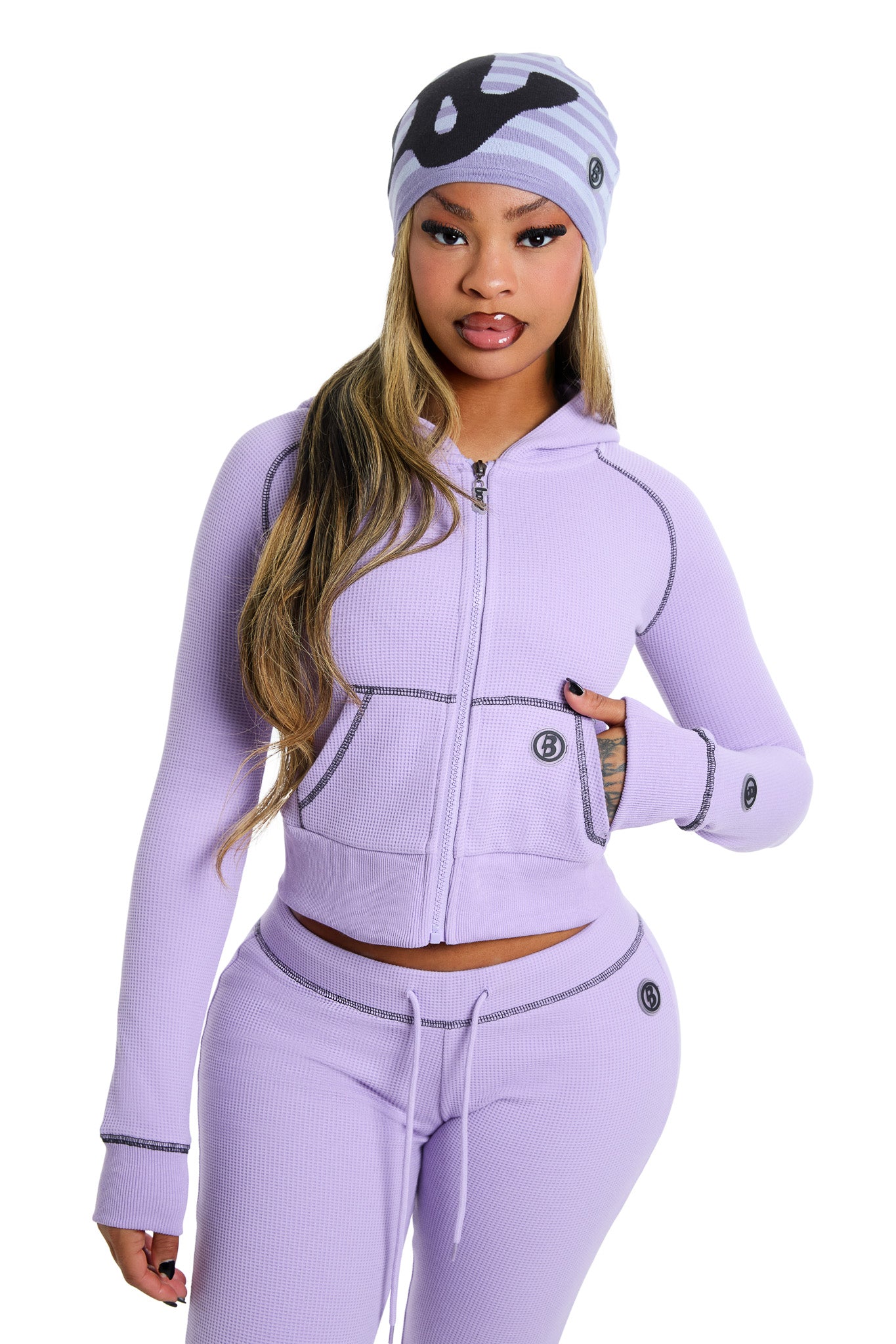 WAFFLE KNIT HOODIE (LAVENDER/BLACK)