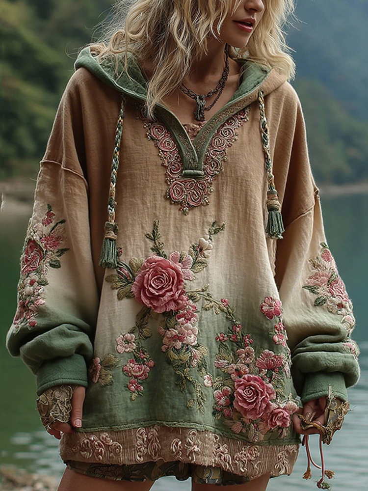 Love & Health Collection Vintage Rose And Floral Art Linen Long Sleeve Hoodie