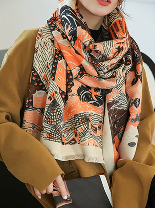 Vintage Printed Tasseled Shawl&Scarf