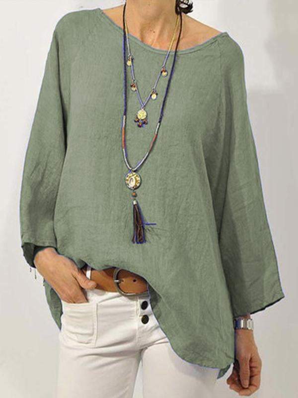 Women's Solid Color Cotton Linen Round Neck with Rotator Sleeve Nine-quarter Sleeve Shirt