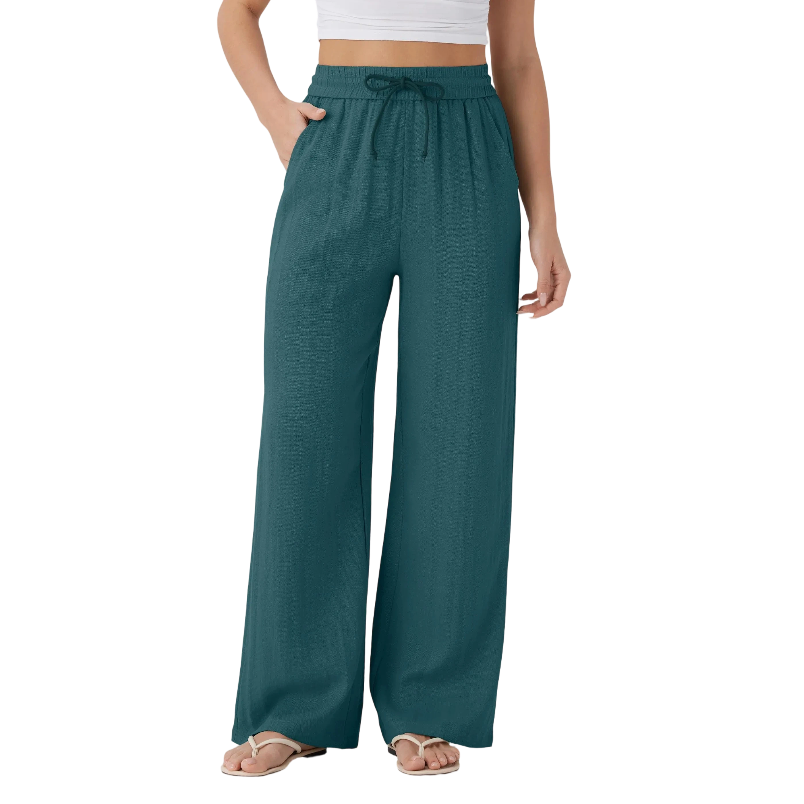 Women's High Waisted Drawstring Pocket Wide Leg Casual Linen-Feel Pants