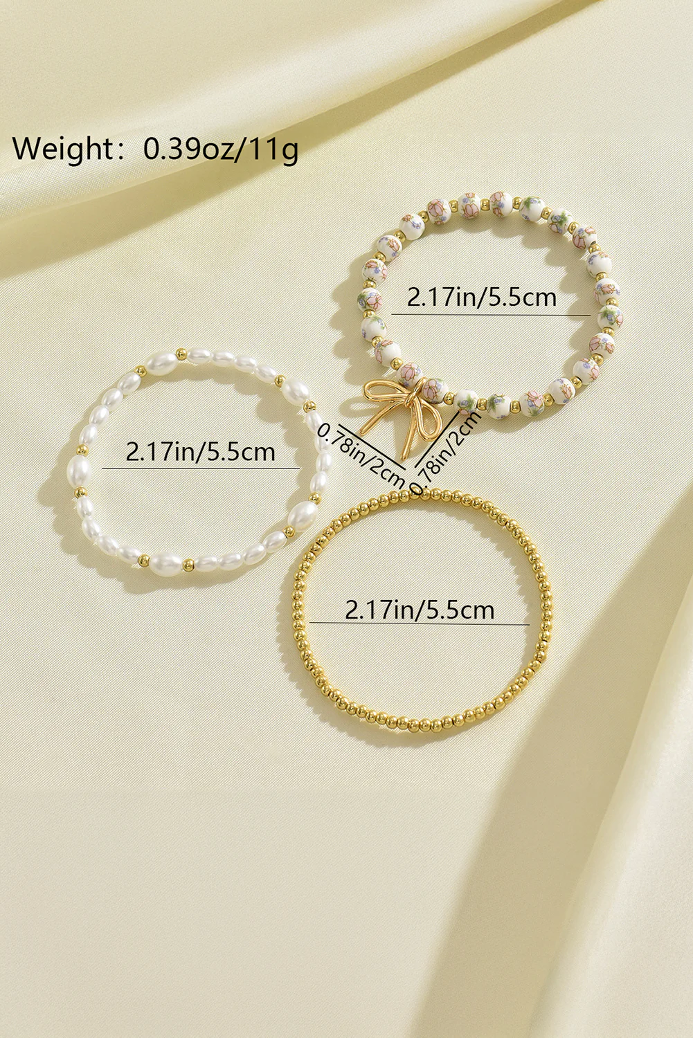Gold Bow Knot Charm Beaded Triple Layer Bracelet Set