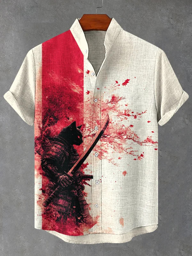 Men's Black Cat Warrior Art Print Short Sleeve Shirt