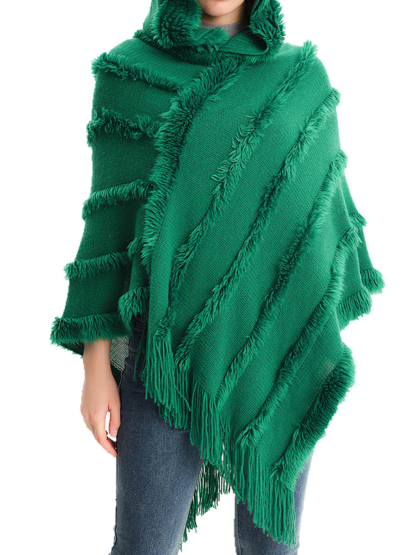Hooded Keep Warm Solid Color Tasseled Shawl&Cloak Cape
