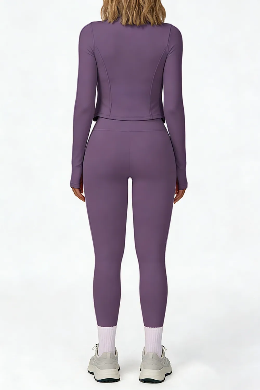 Women's tank top, high-waisted leggings, and zip-up jacket 3-piece sportswear set.