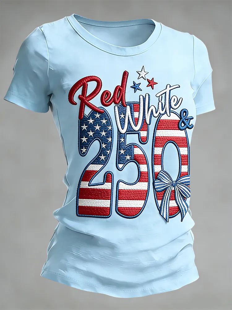 Red and White 250 Patriotic Embroidery Anniversary Commemorative T-shirt